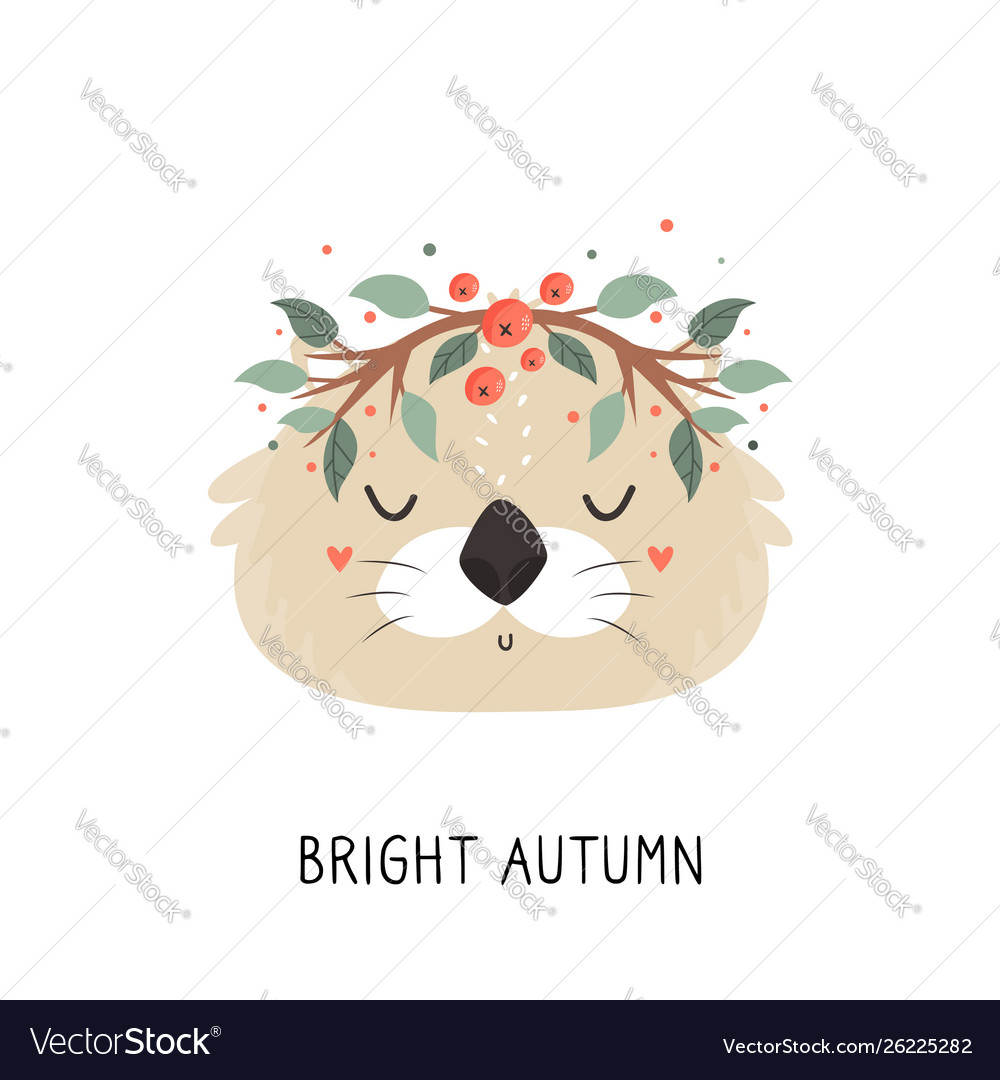 Cute otter in autumn wreath on white background vector image Cute otter in autumn wreath on white background