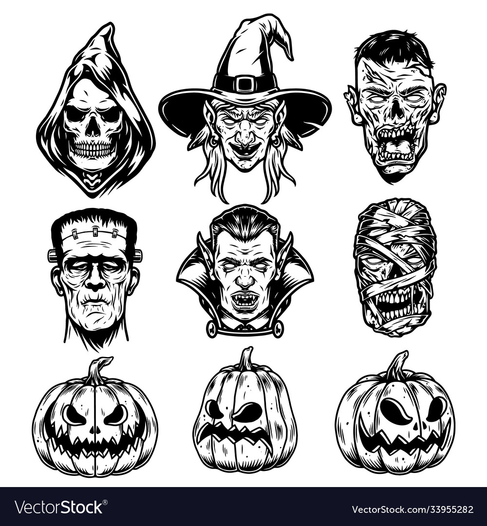 Classic Halloween Characters
 Halloween characters vintage set Royalty Free Vector Image