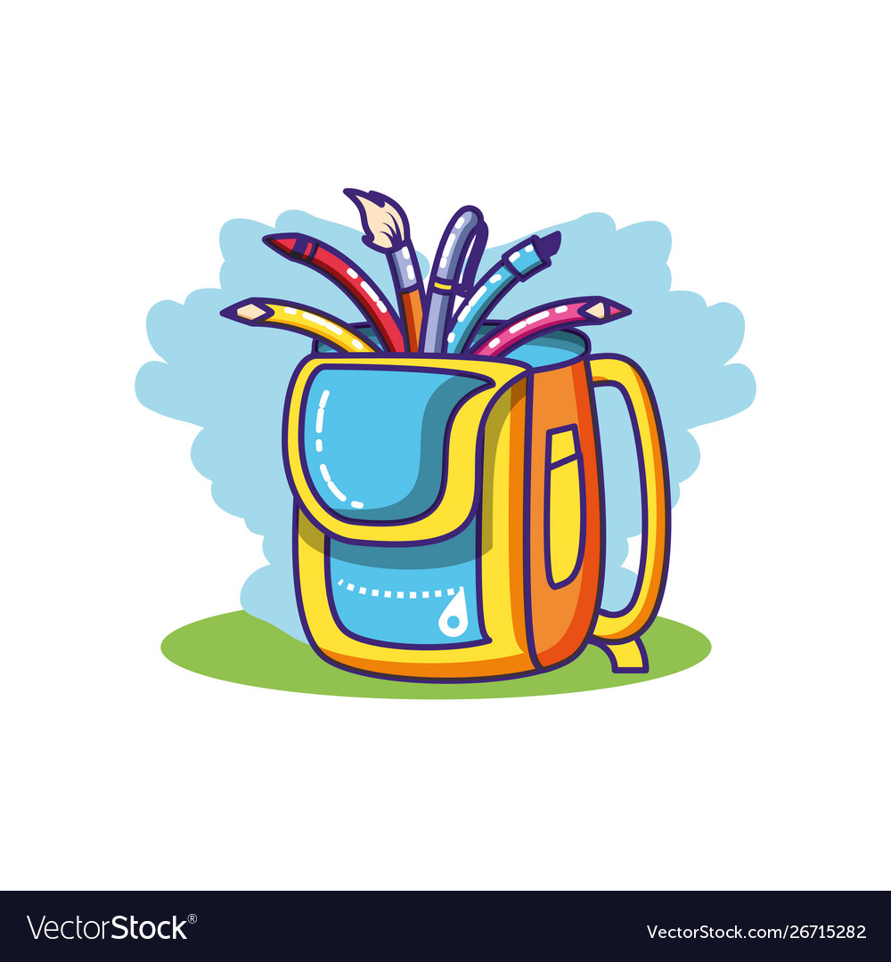 Set pencils and colors with school bag isolated