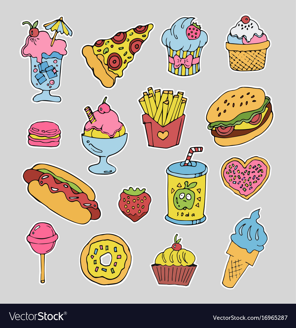 Cartoon fast food  stickers  set Royalty Free Vector Image