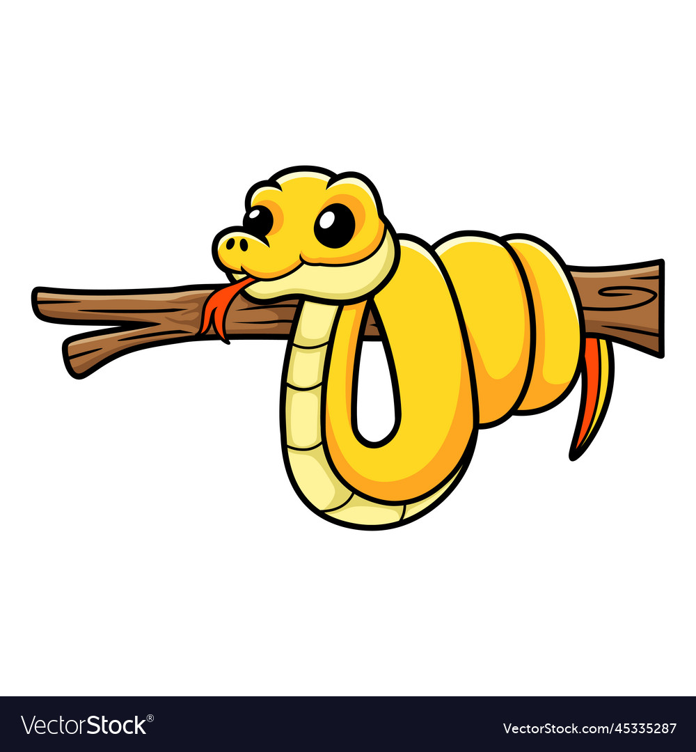 Cute yellow insularis snake cartoon on tree branch