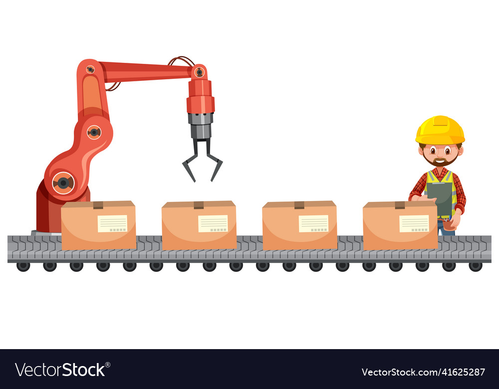 Engineer controlling robot packing in factory