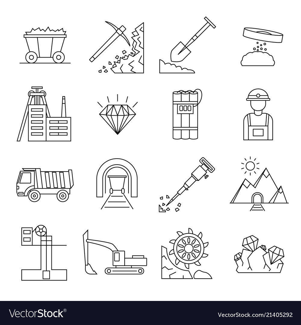Diamond mining signs black thin line icon set Vector Image