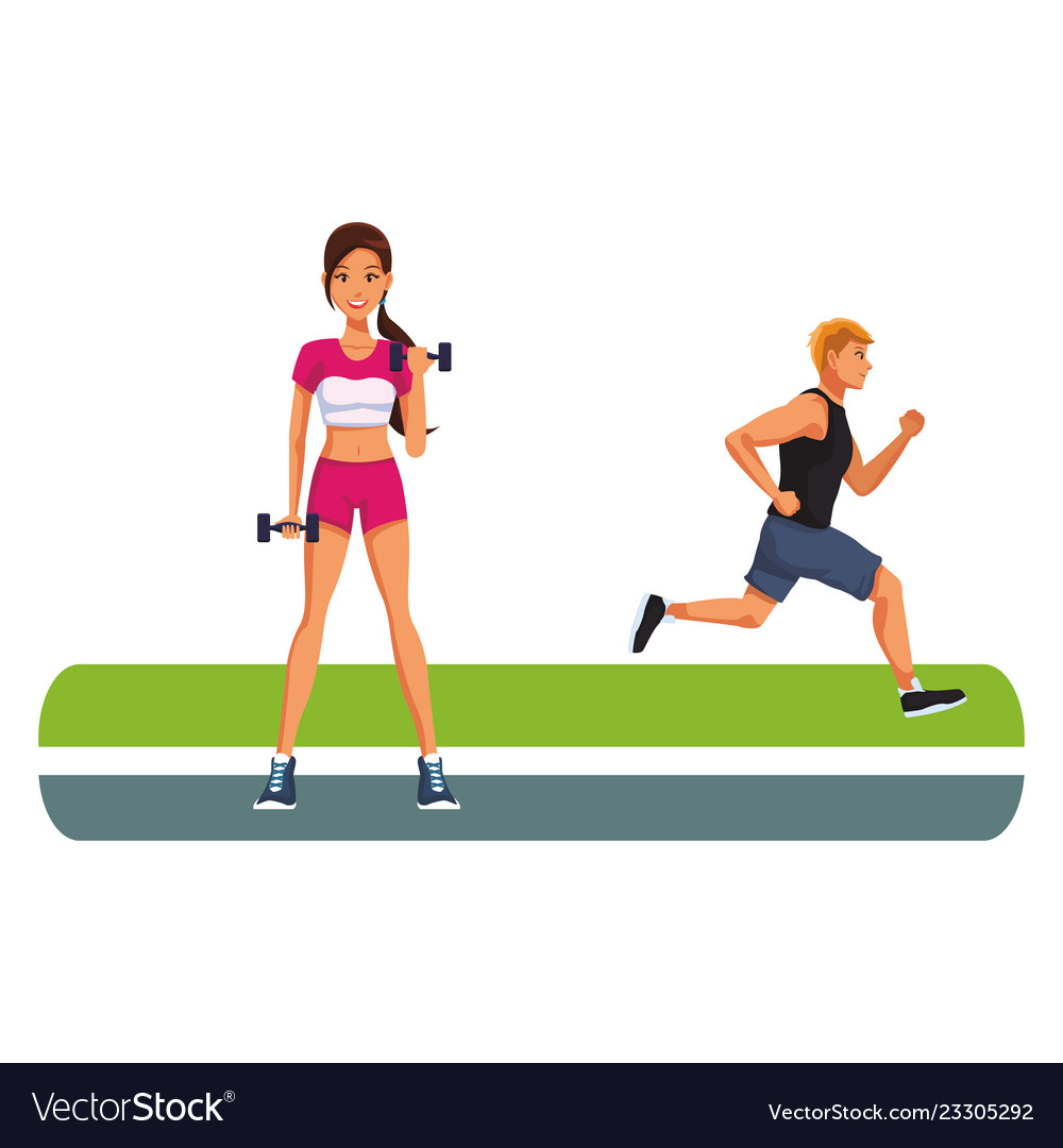 Fitness woman lifting dumbbells and man running