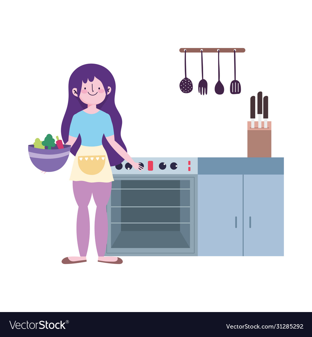 People cooking girl with vegetables bowl stove Vector Image