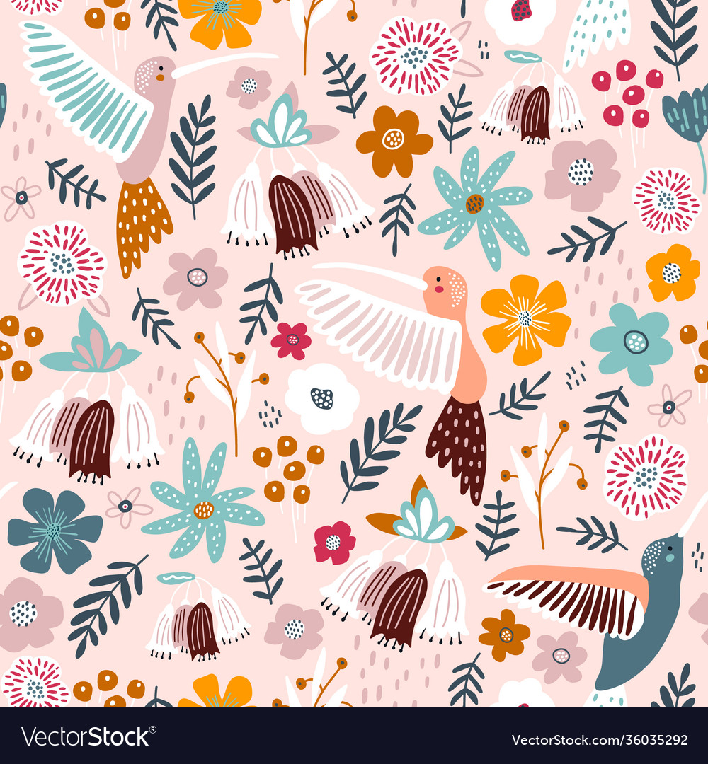 Seamless pattern with cute colibri birds