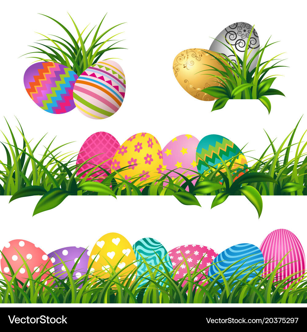 Colorful eggs and spring green grass borders set Vector Image