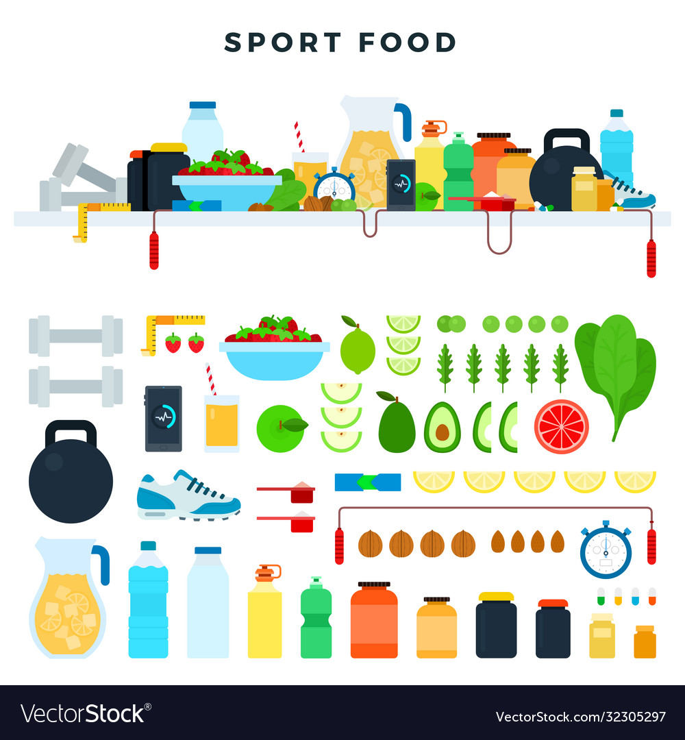 Set icons sport food in flat design