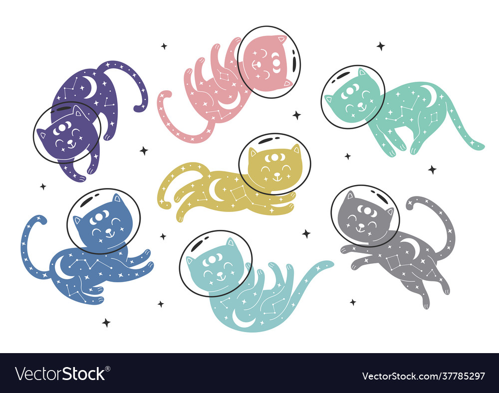 Set isolated colorful space cats vector image Set isolated colorful space cats