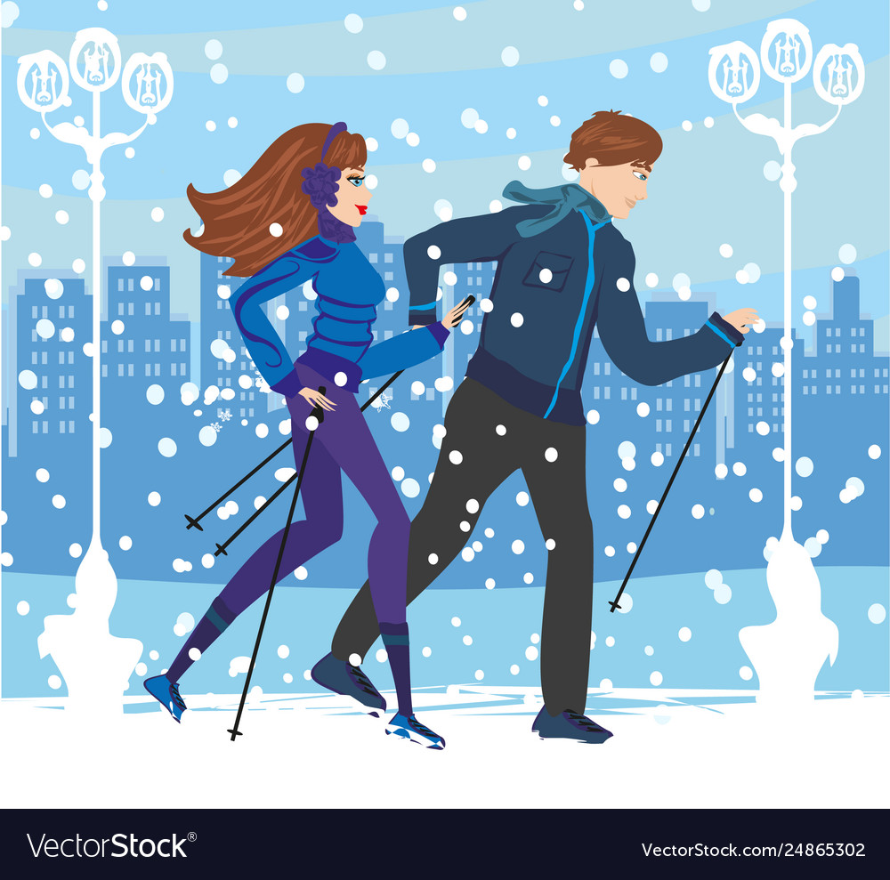 Couple nordic walking in winter