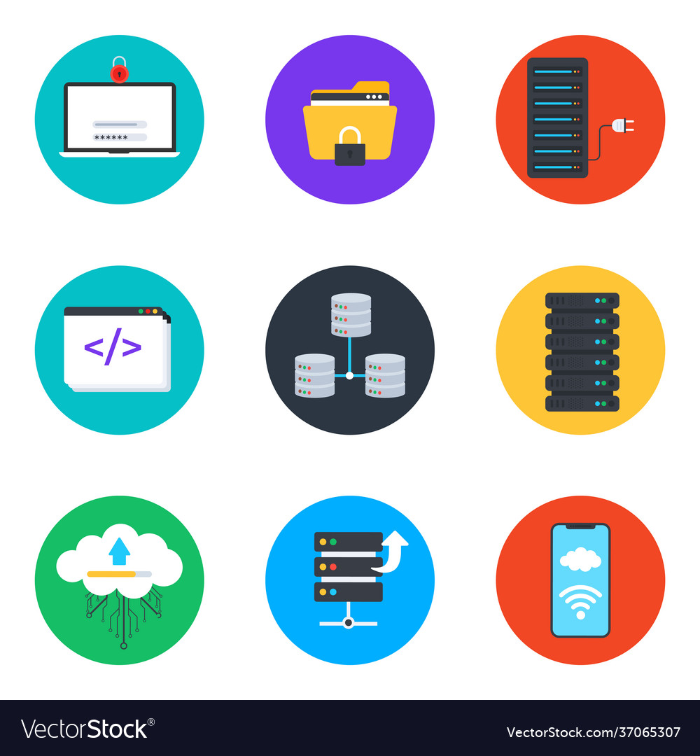 Dataserver and data storage flat icons pack Vector Image