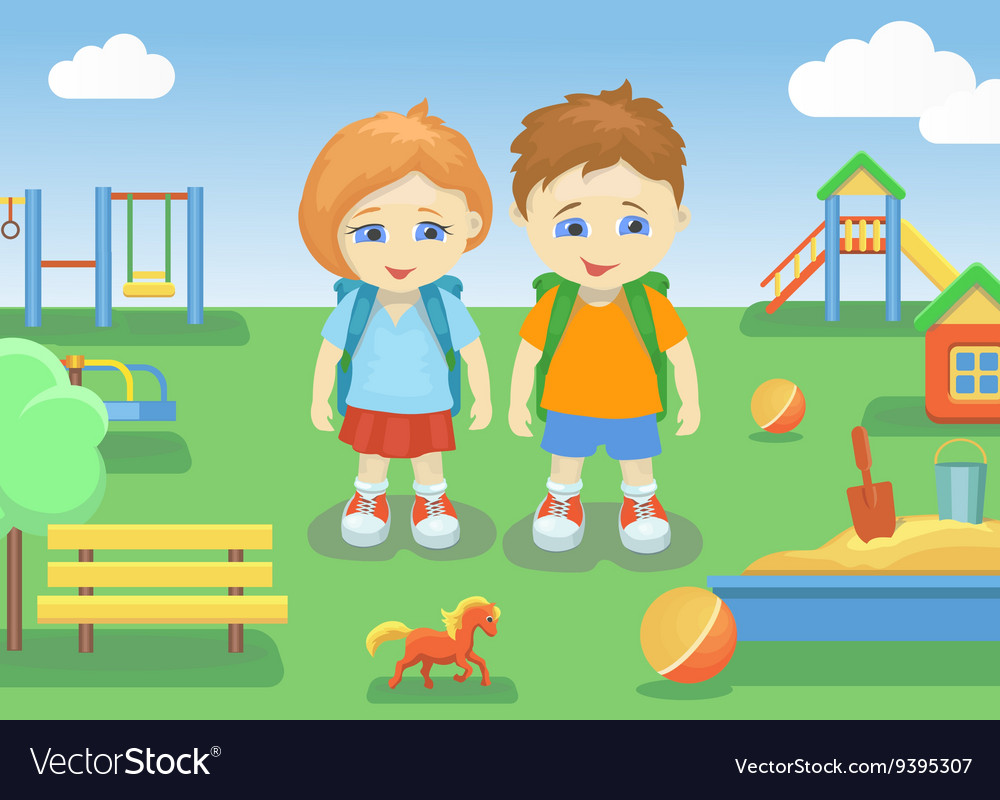 School Children On A Playground Outdoors With Vector Image