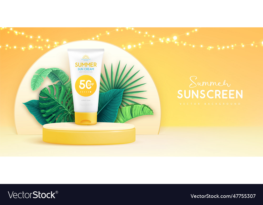 Summer background with 3d sunscreen tube Vector Image