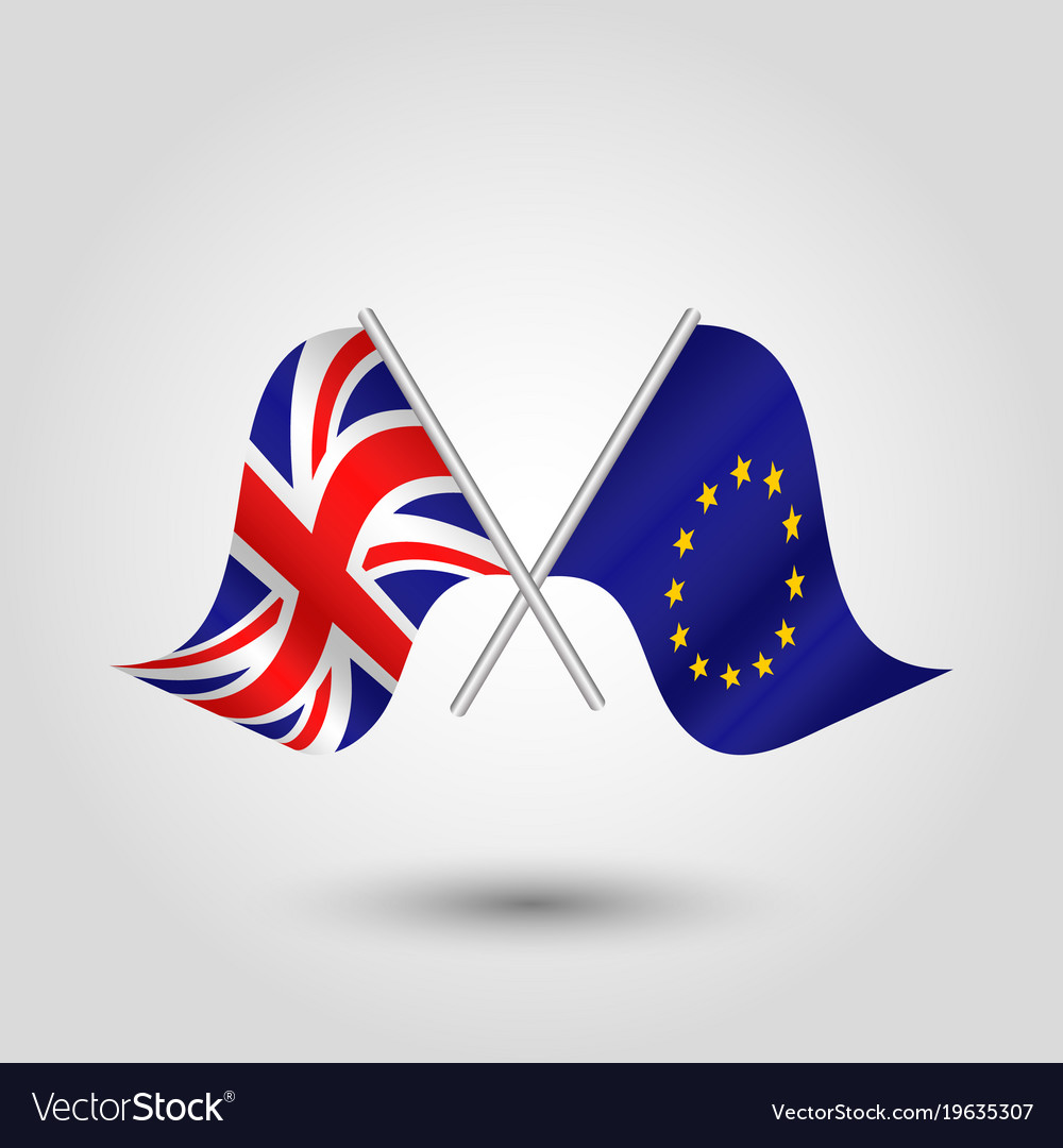 Two crossed british and eu flags on silver sticks Vector Image