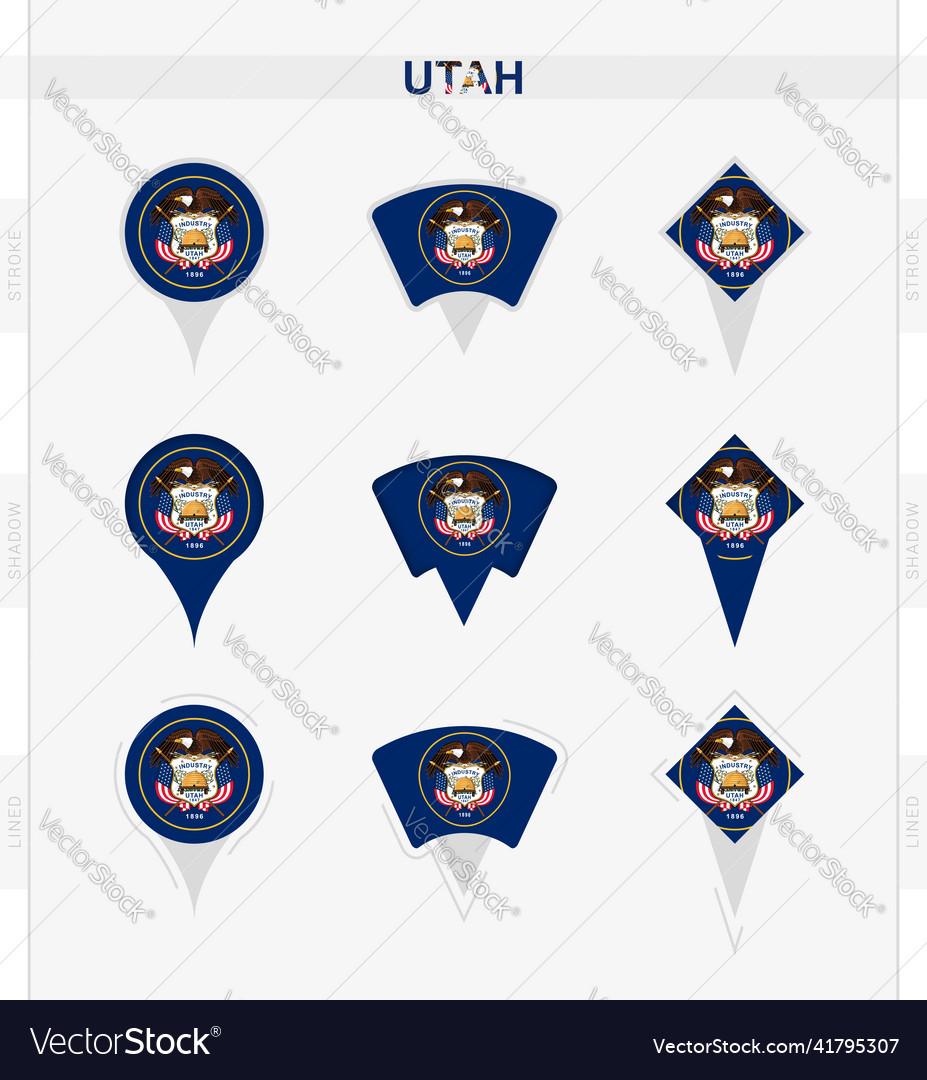 Utah flag set of location pin icons