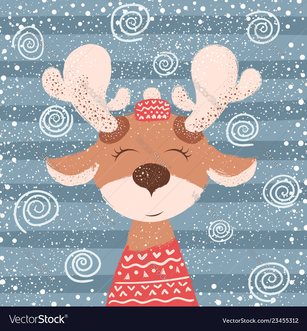 Cartoon funny deer character winter vector image Cartoon funny deer character winter
