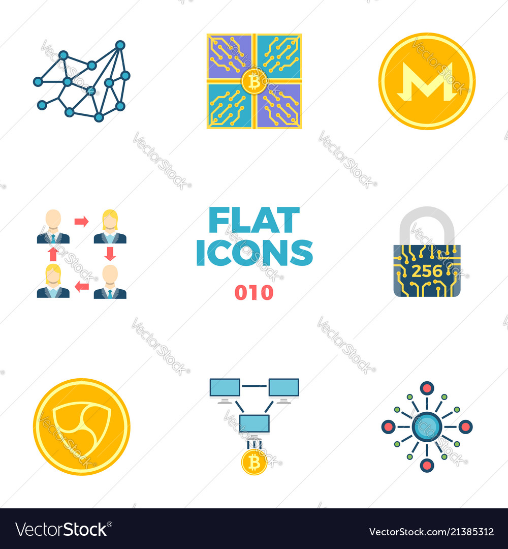 Cryptocurrency and blockchain flat icons vector image Cryptocurrency and blockchain flat icons