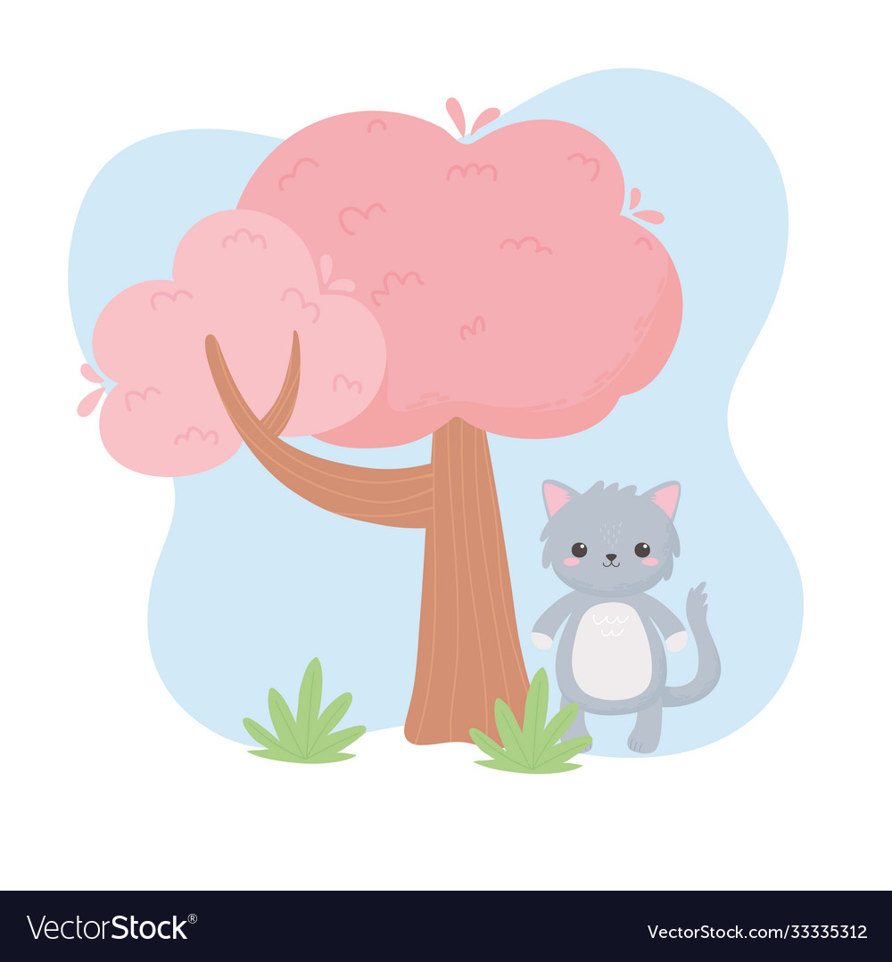 Cute gray cat tree bush cartoon animals in a Vector Image