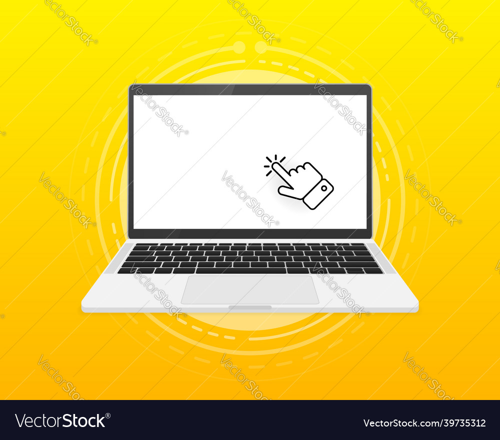 Laptop with pointer or cursor icon on yellow vector image Laptop with pointer or cursor icon on yellow