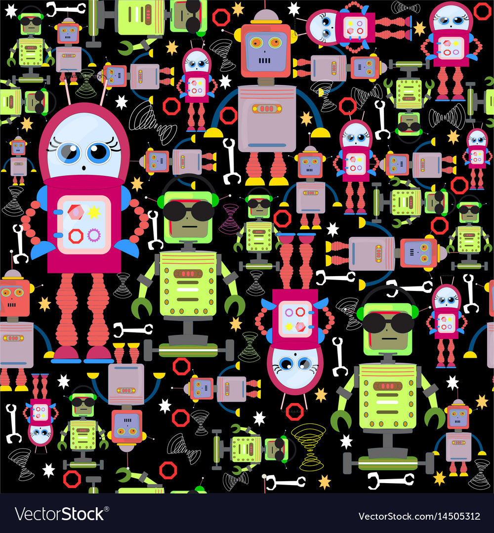 Seamless background funny colorful robots
