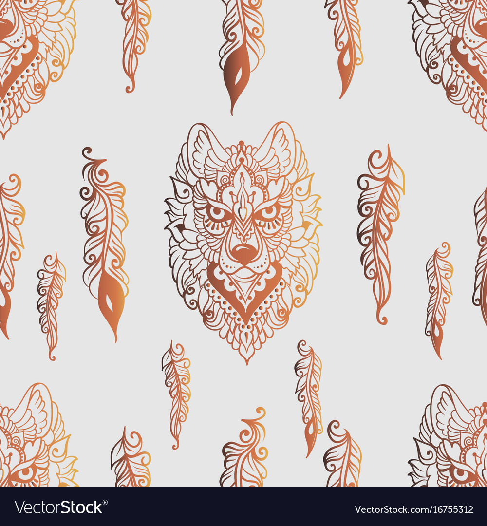 Seamless pattern with wolf and feathers
