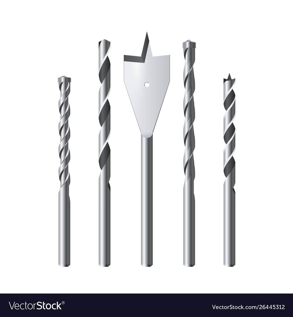 Set realistic steel drill bits isolated Royalty Free Vector