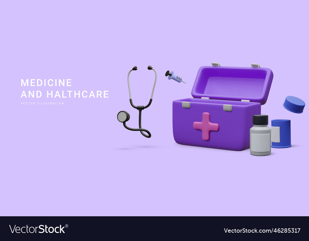 3d realistic open first aid kit with stethoscope