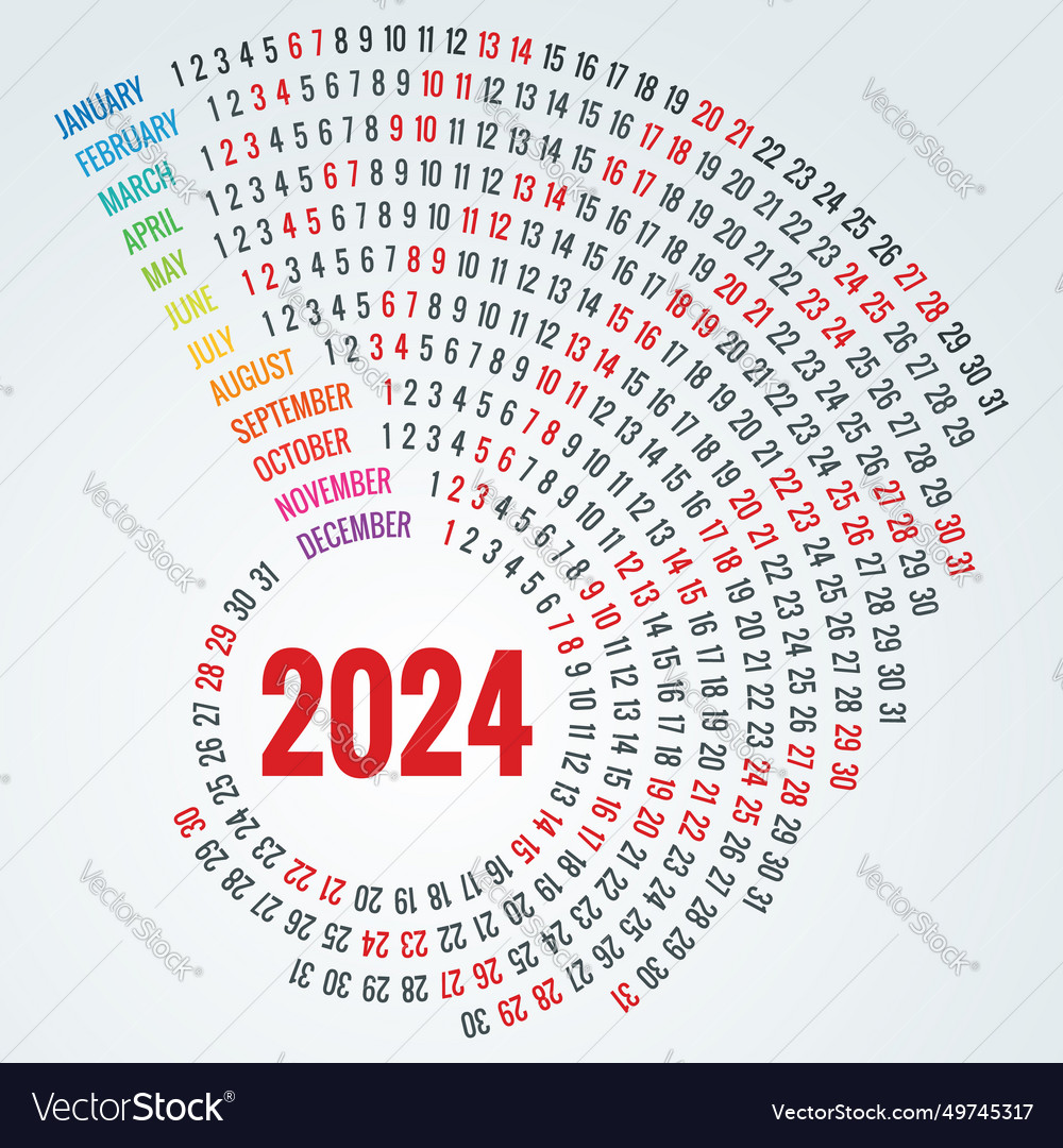 Colorful round calendar 2024 calendar portrait Vector Image