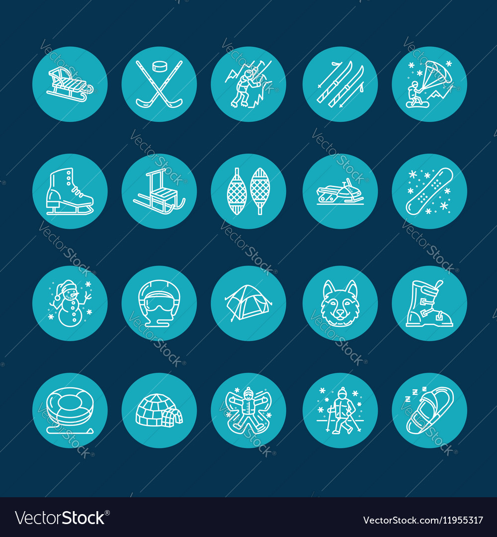 Cute thin line icons of winter sports outdoor