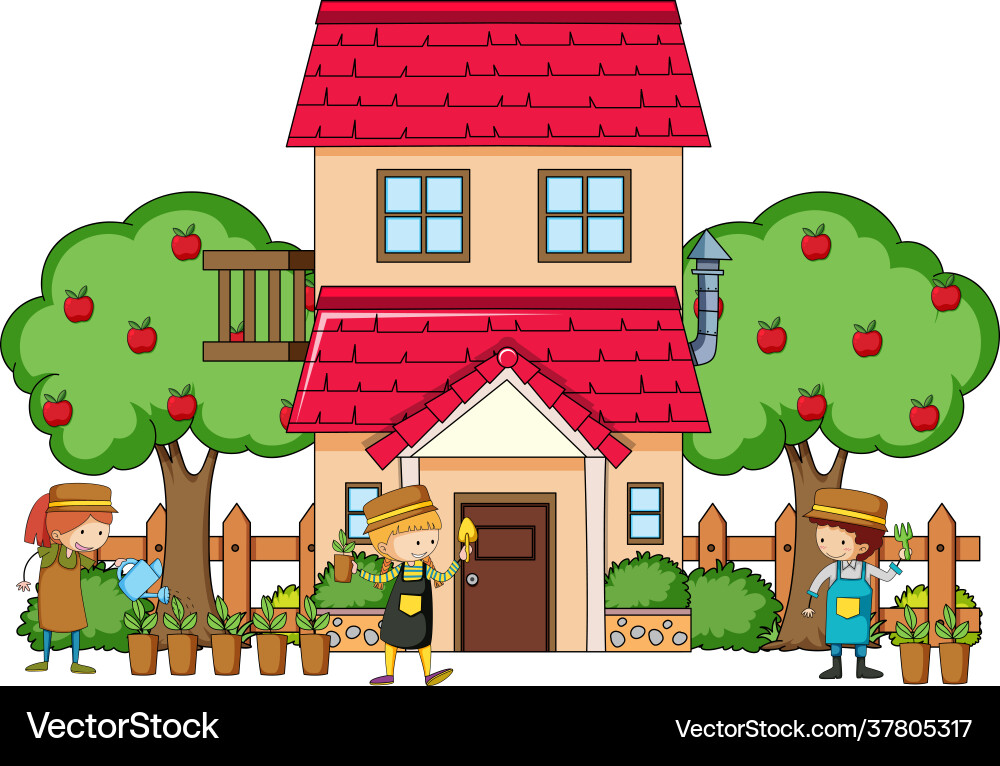 Front view a house with many kids on white Vector Image