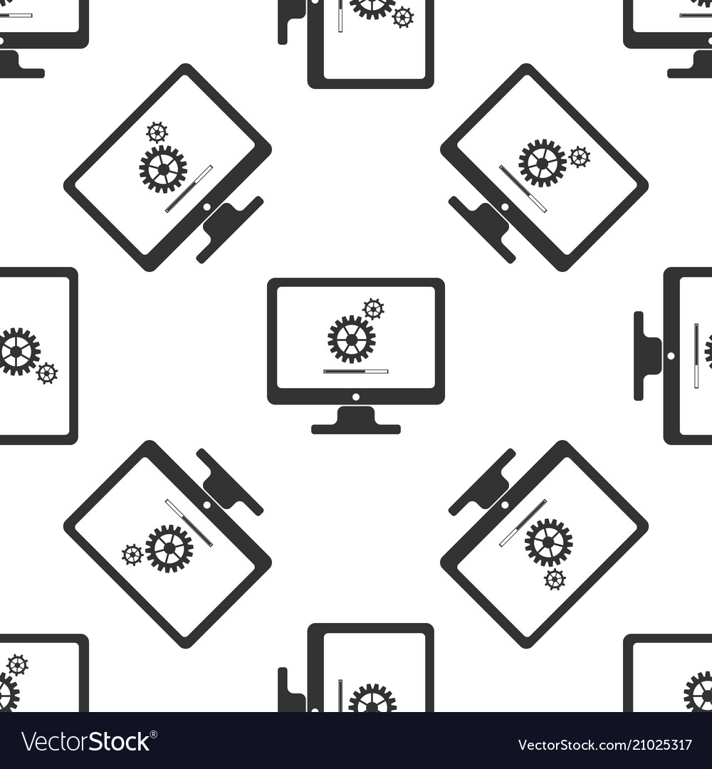 Monitor update process with gearbox loading bar vector image Monitor update process with gearbox loading bar