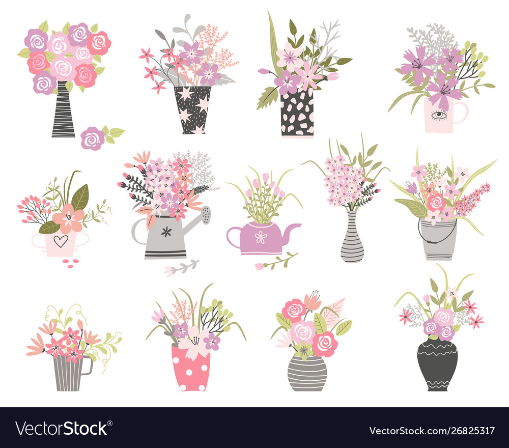 Set summer cartoon flowers in n pots and vase Vector Image Set summer cartoon flowers in n pots and vase Vector Image