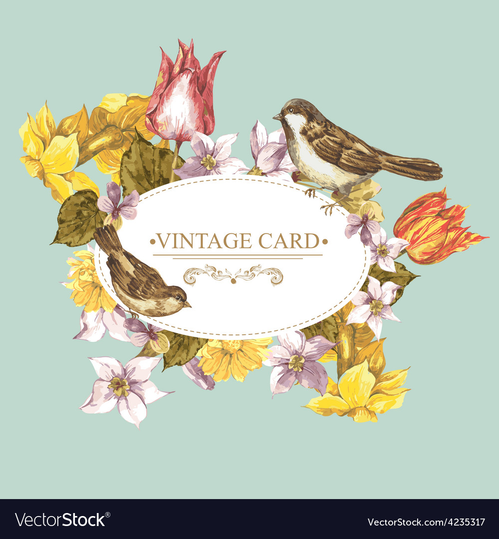 Spring floral retro card with bird sparrows Vector Image