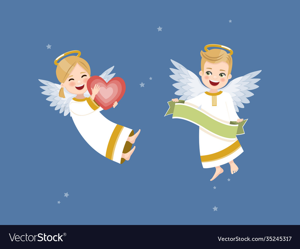 Two angels with heart and ribbon in sky