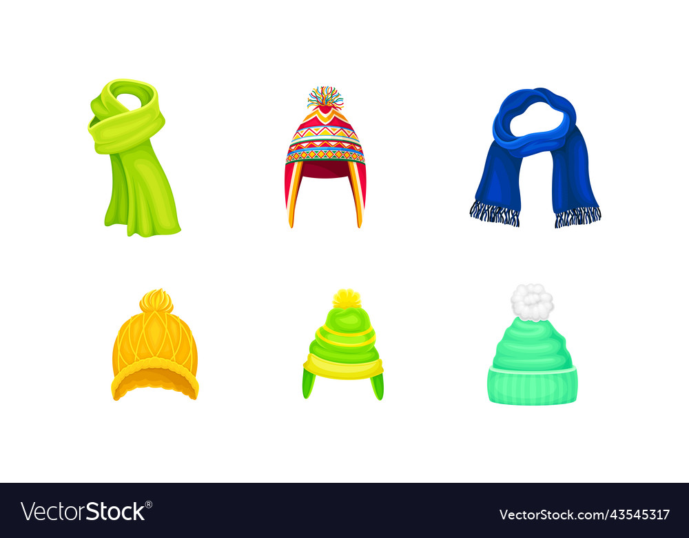 Warm winter clothes with knitted hat and scarf