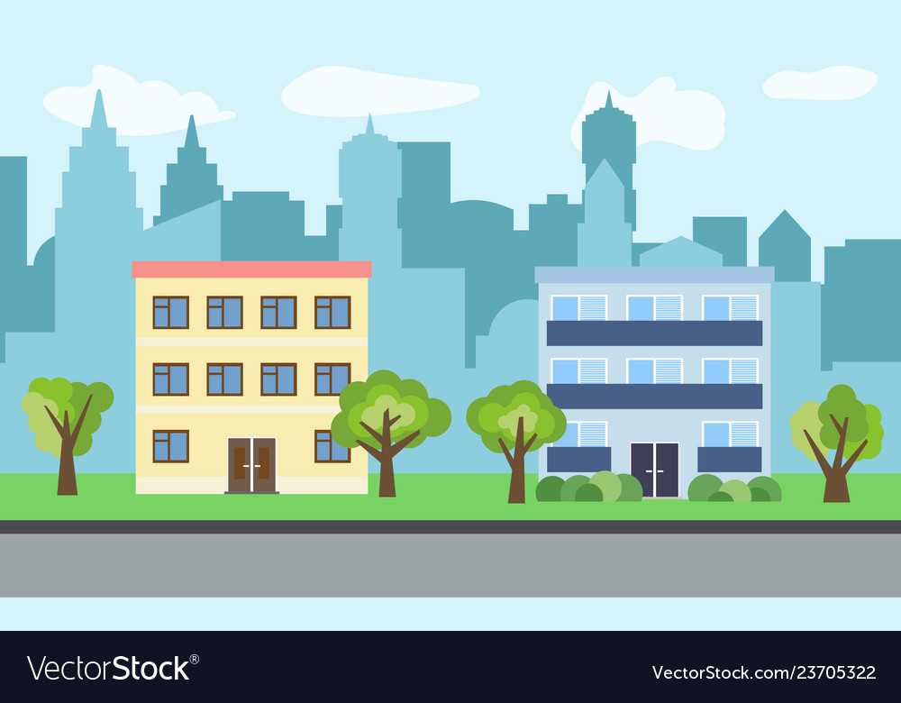 City with two three-story cartoon houses vector image City with two three-story cartoon houses