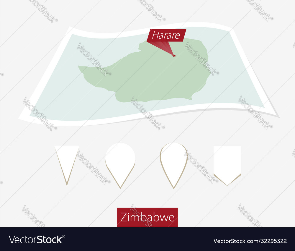 Curved paper map zimbabwe with capital harare