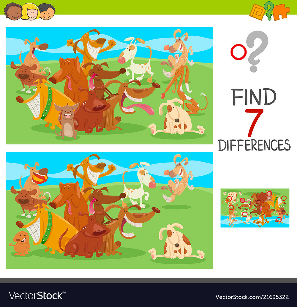 Differences game with dog characters Royalty Free Vector