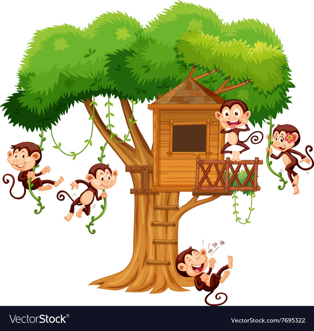 Monkeys playing at the treehouse Royalty Free Vector Image