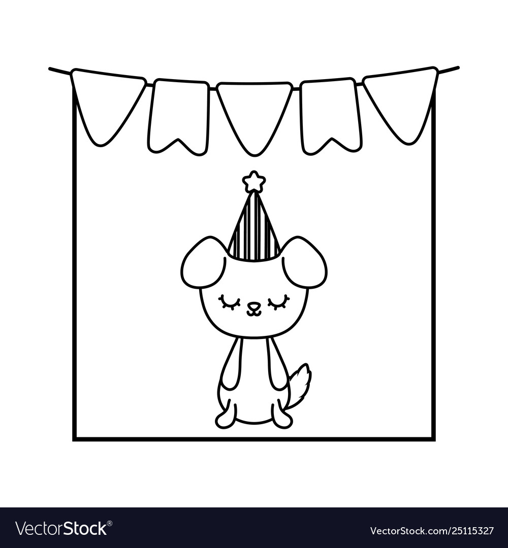 Cute dog animal with garlands and hat party