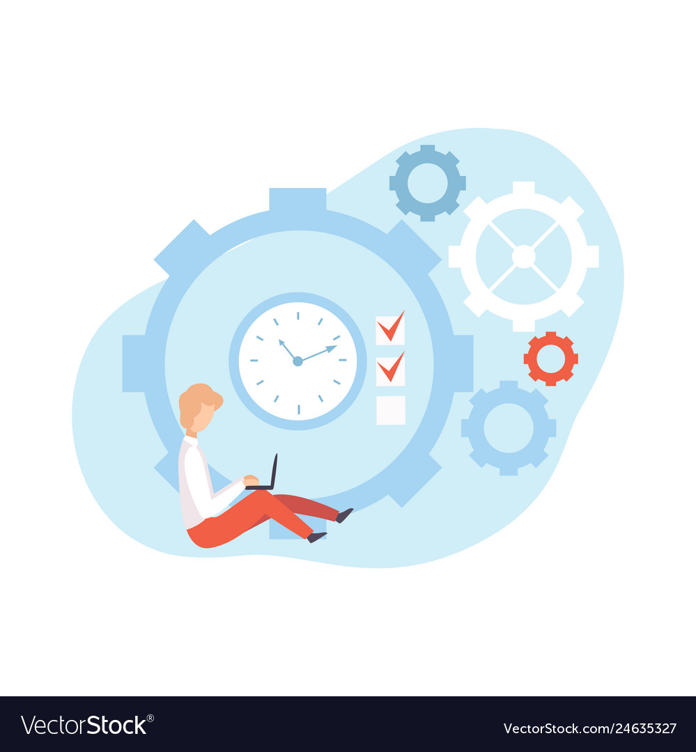 Man working with laptop sitting next to clock vector image Man working with laptop sitting next to clock