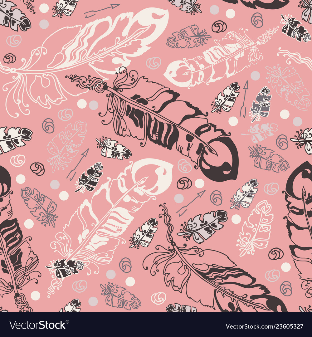 Seamless pattern with feathers and beads on ros vector image Seamless pattern with feathers and beads on ros