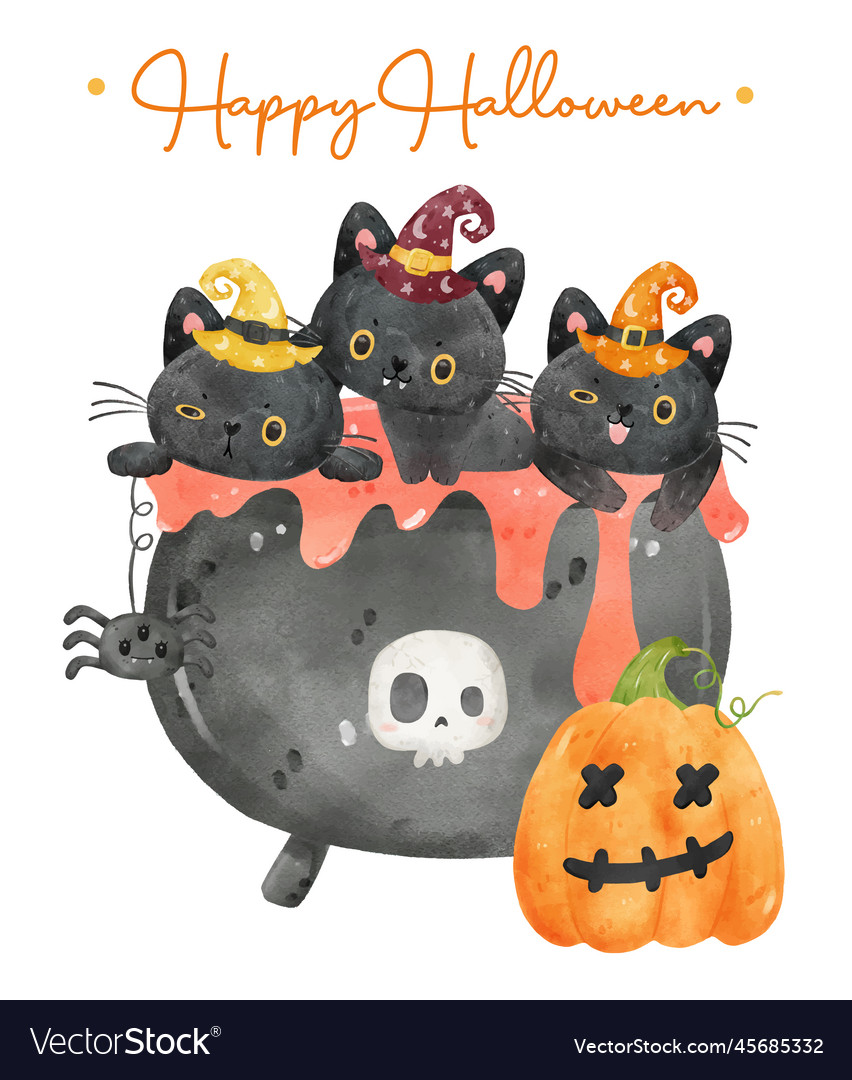 Cute Watercolor Black Kitten Halloween