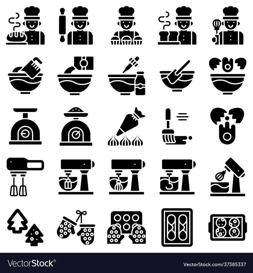 Bakery and baking related solid icon set