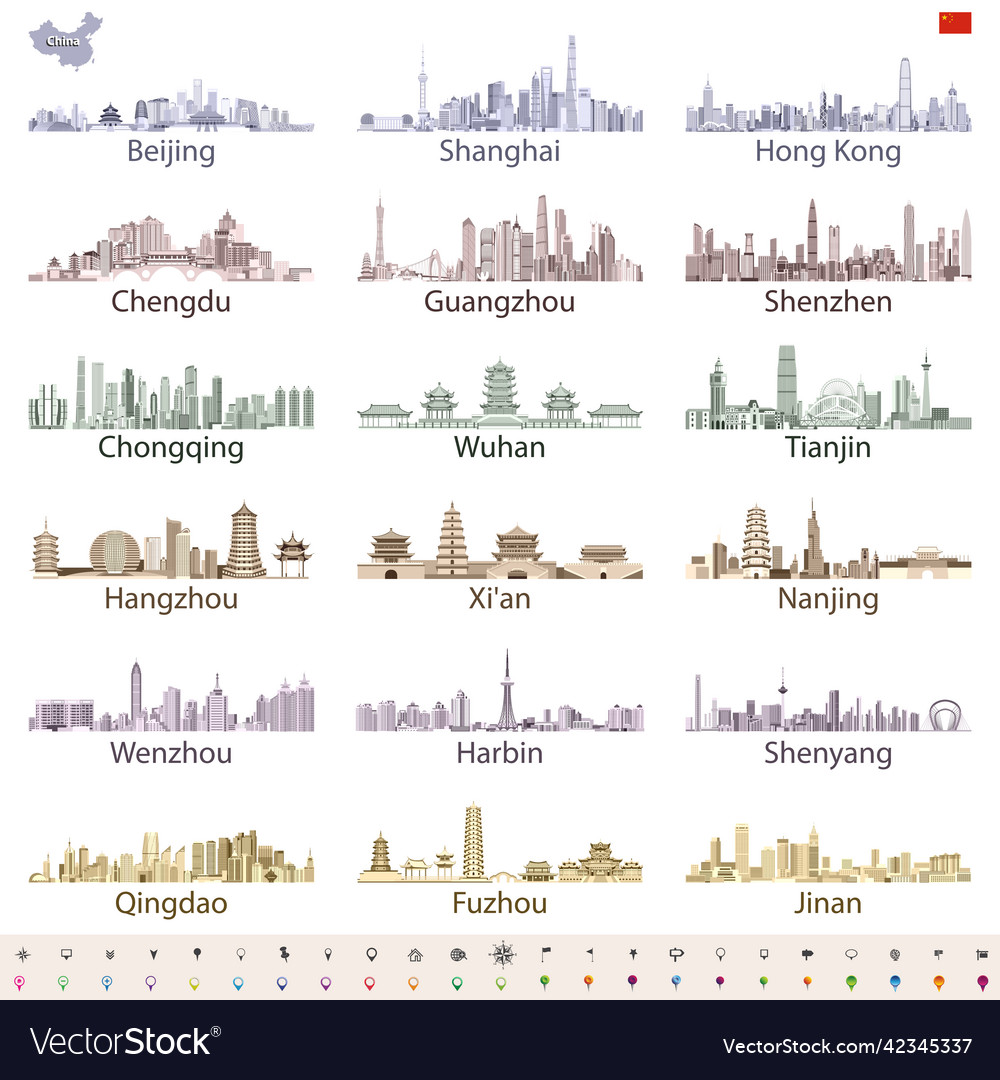 Chinese largest cities skylines set vector image Chinese largest cities skylines set