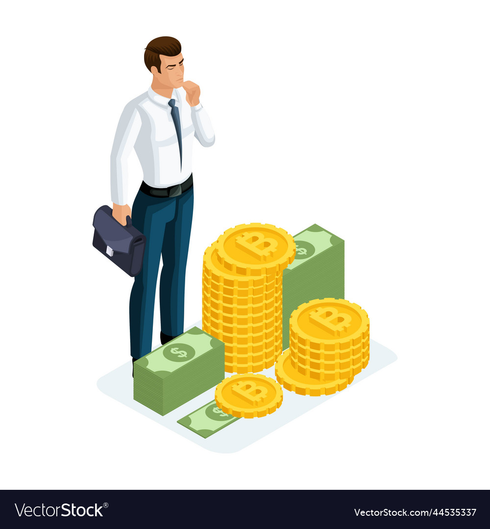 Isometric Businessman Stands Next To A Large Pile Vector Image