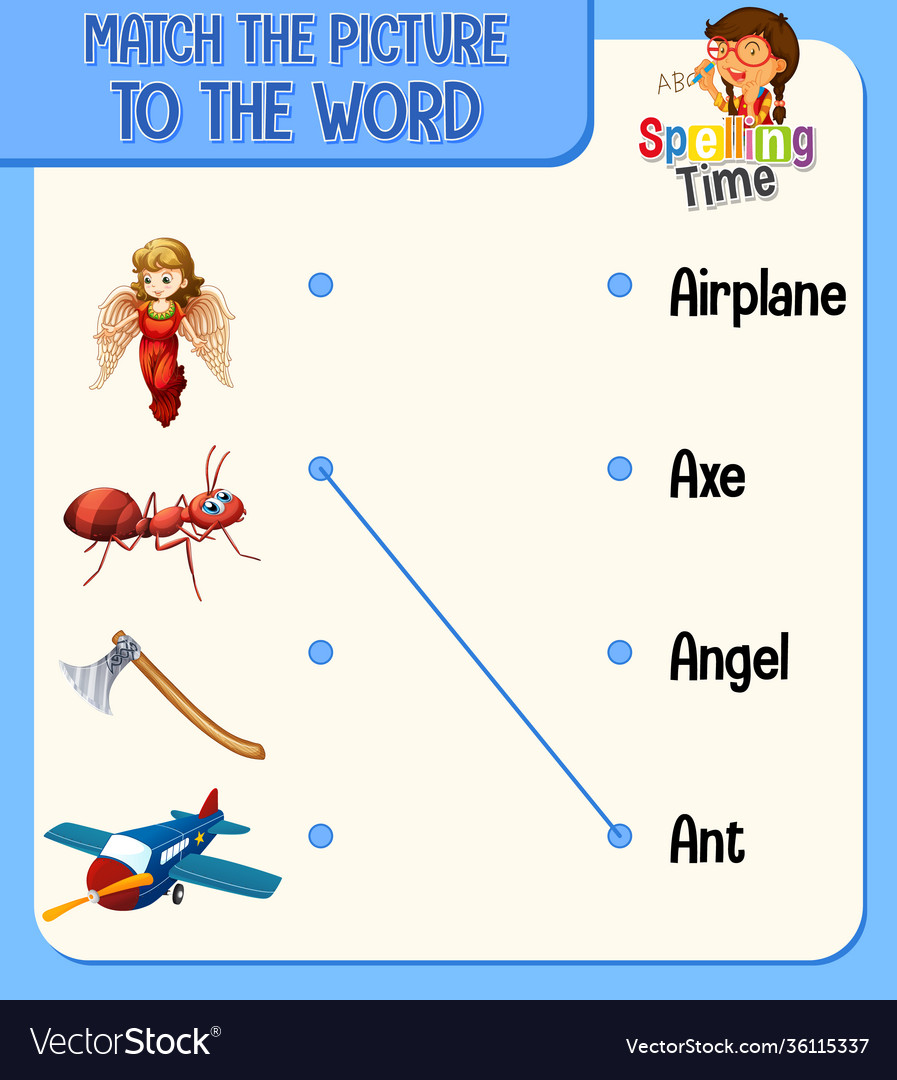 word to picture matching worksheet for children vector image