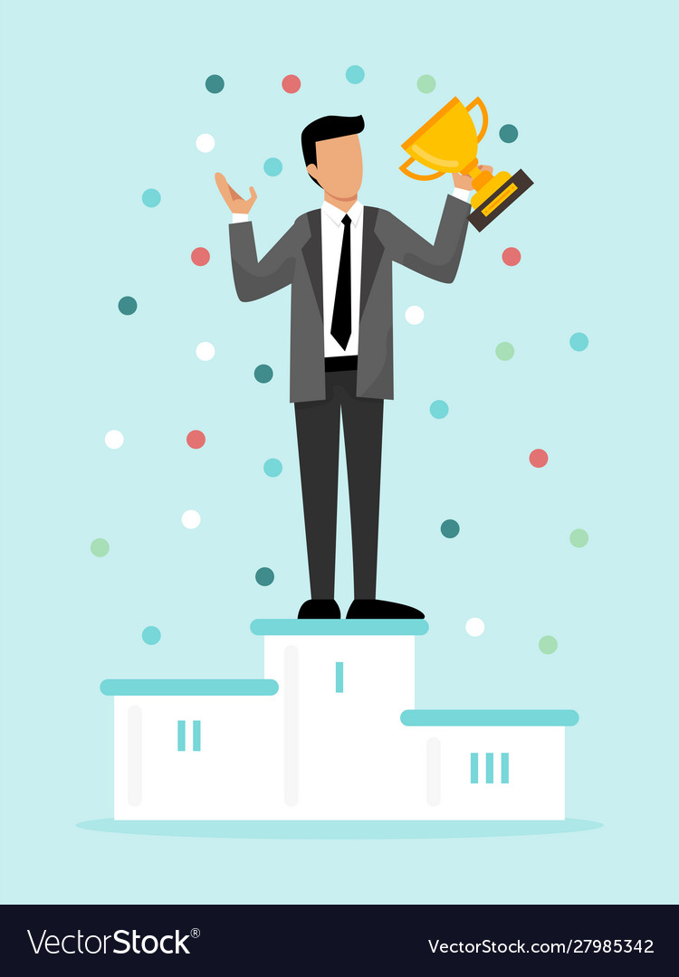 Businessman standing on winning podium holding