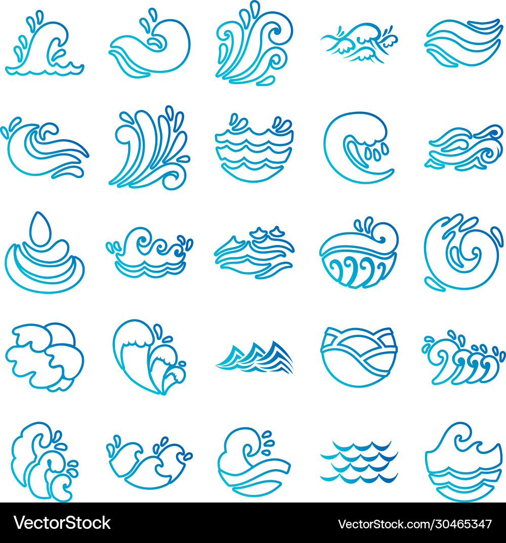 Bundle waves ocean set icons Royalty Free Vector Image