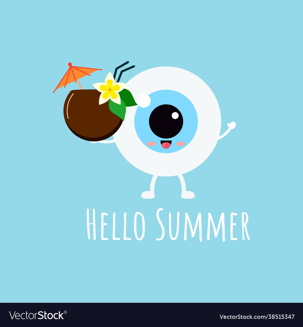 Cute eye ball emoji with hawaii coconut cocktail vector image Cute eye ball emoji with hawaii coconut cocktail